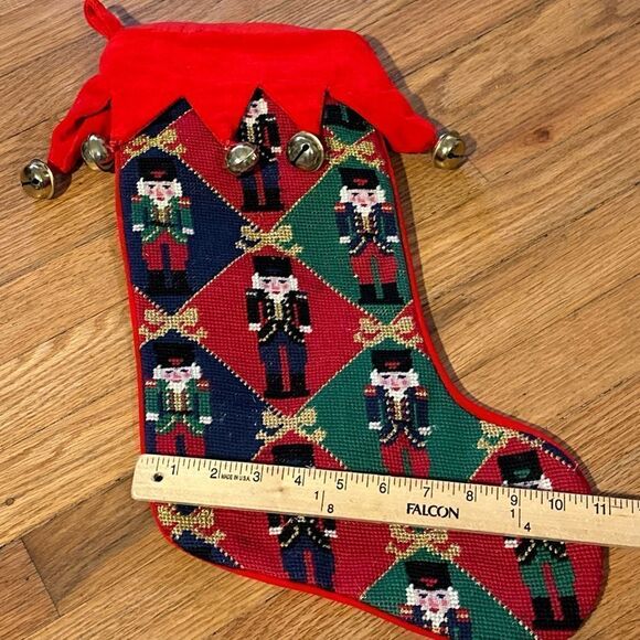 Vintage needlepoint nutcracker stocking with bells - Picture 8 of 11